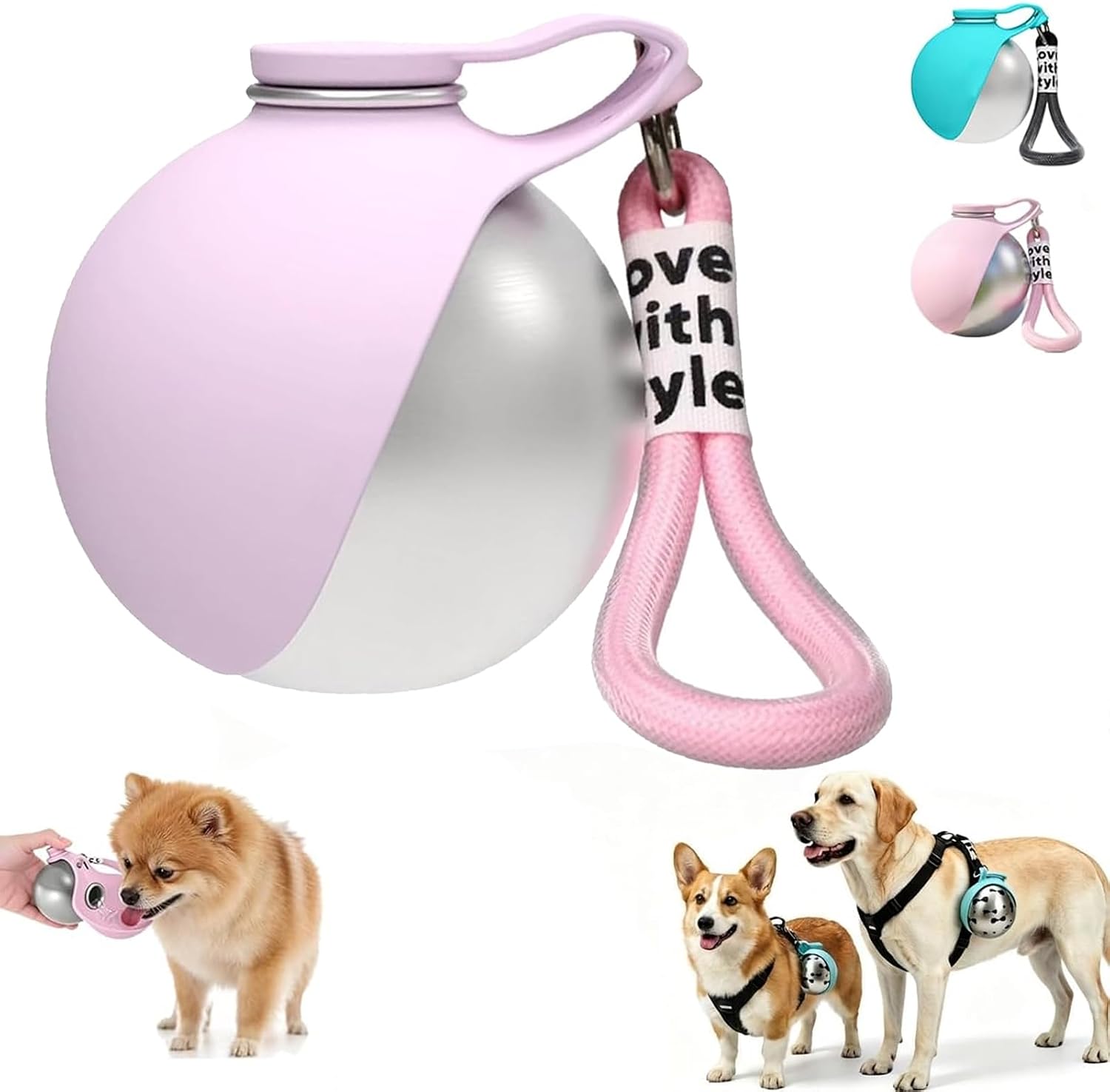 2 in 1 Portable Tumbler for Dogs, Portable Dog Water Ball, 10oz Stainless Steel Pet Water Dispenser with Silicone Foldable Bowl, Leak Proof, Portable Small Dog Water Bottle for Walking, Hiking(Pink)